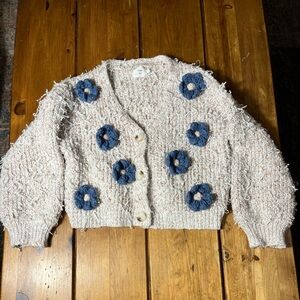 Luna Ivy Cropped Cream Knit Cardigan with Blue Flower Appliqués
